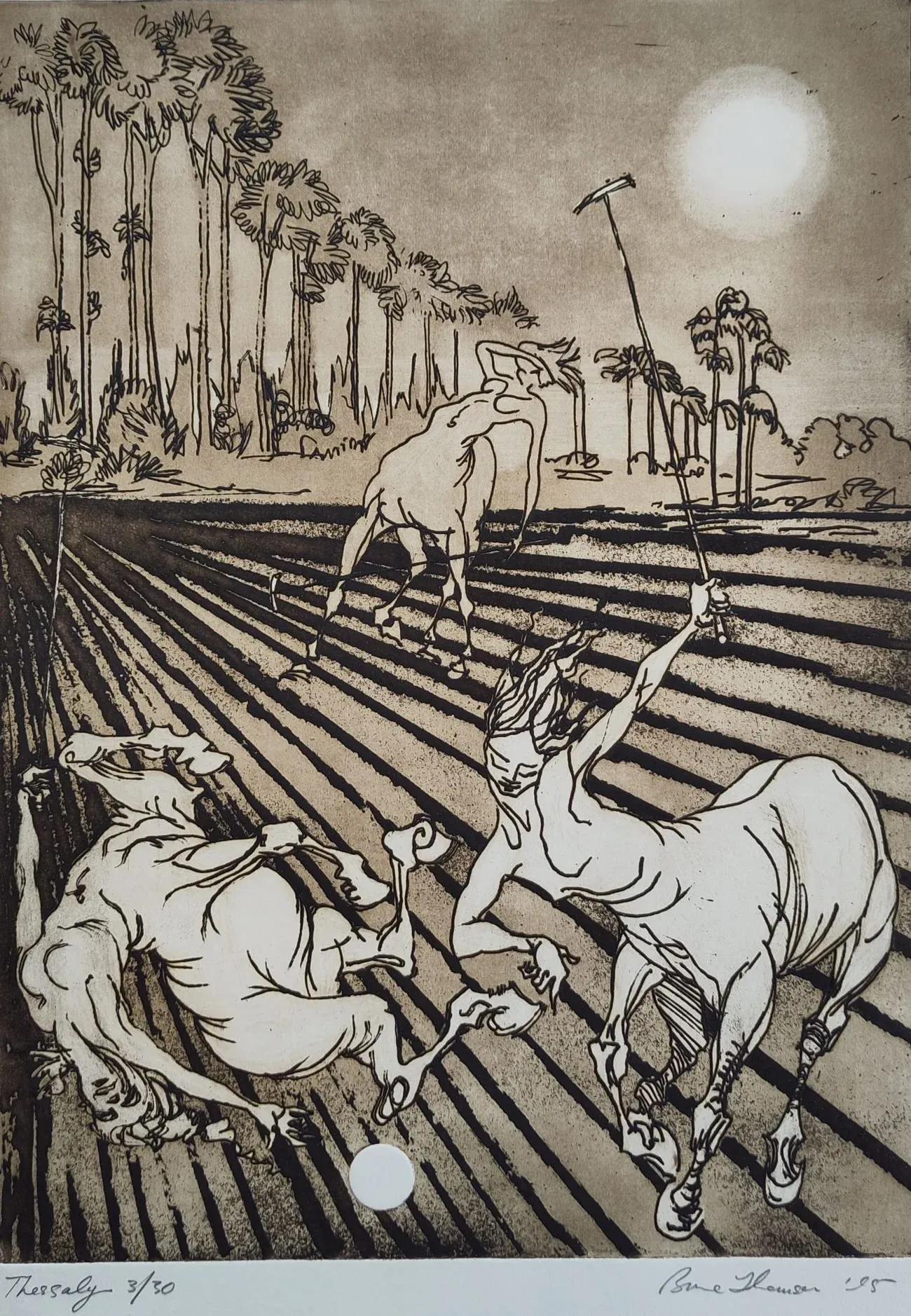 Thessaly, an etching by Bruce Thomson of centaurs playing polo across a ploughed field with palms and a low sun behind