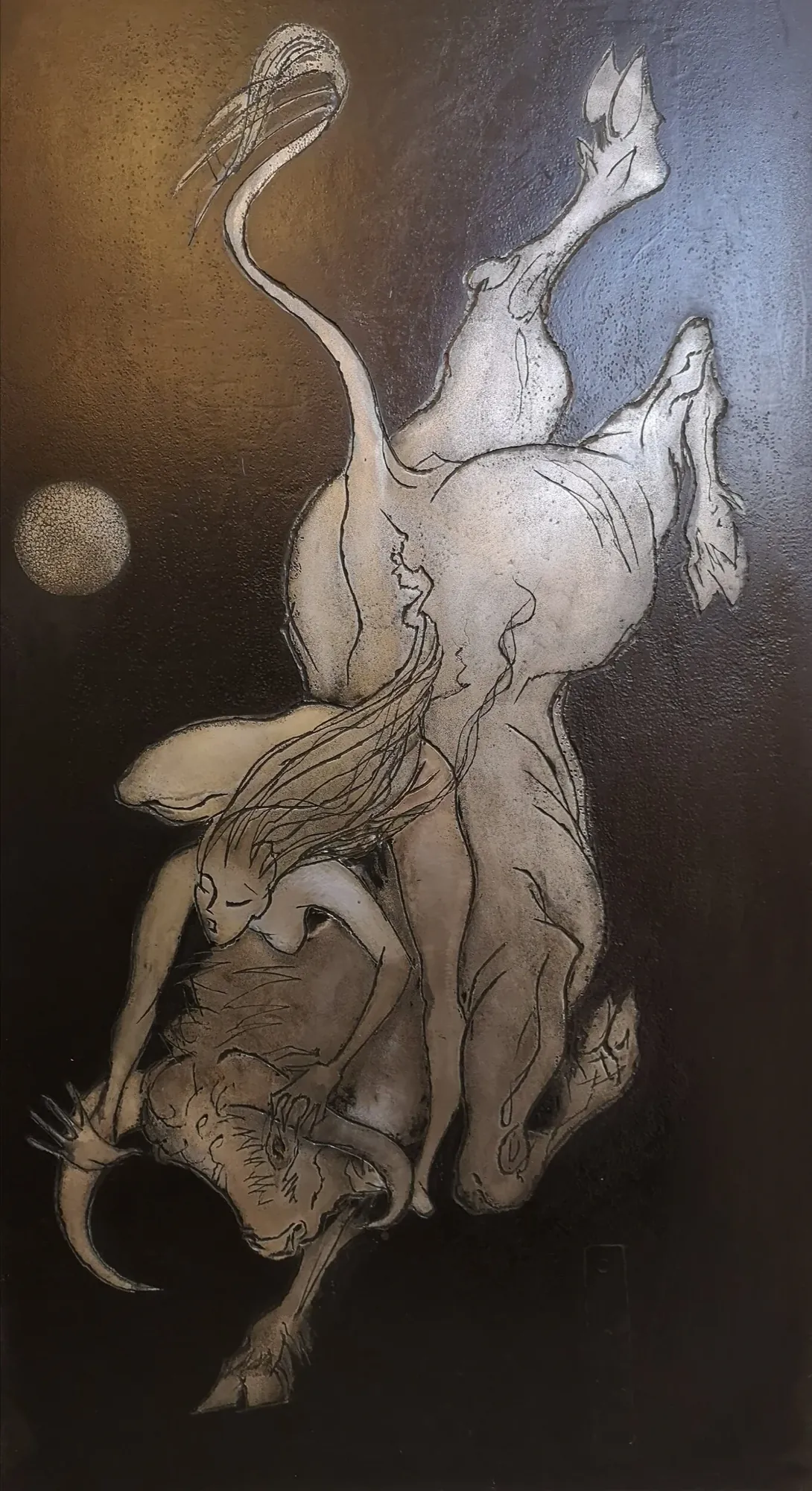 Europa and the Bull, an etching plate by Bruce Thomson, the princess carried by the white bull with a moon behind them
