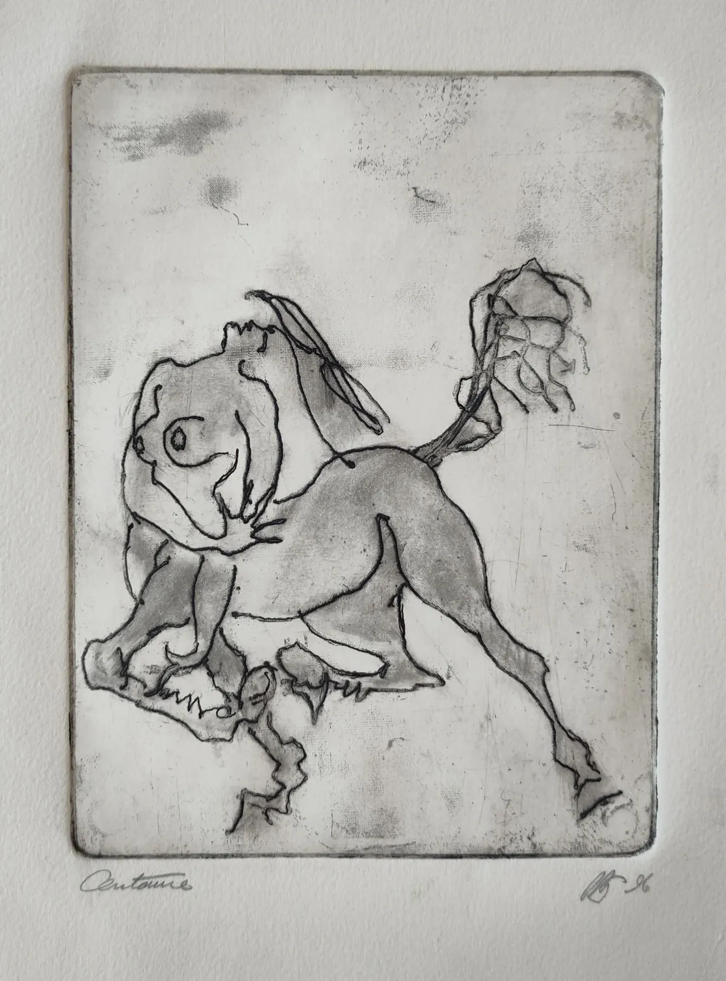 Centaur, a drypoint by Bruce Thomson of the half-horse, half-human figure of Greek myth in a few dragged lines