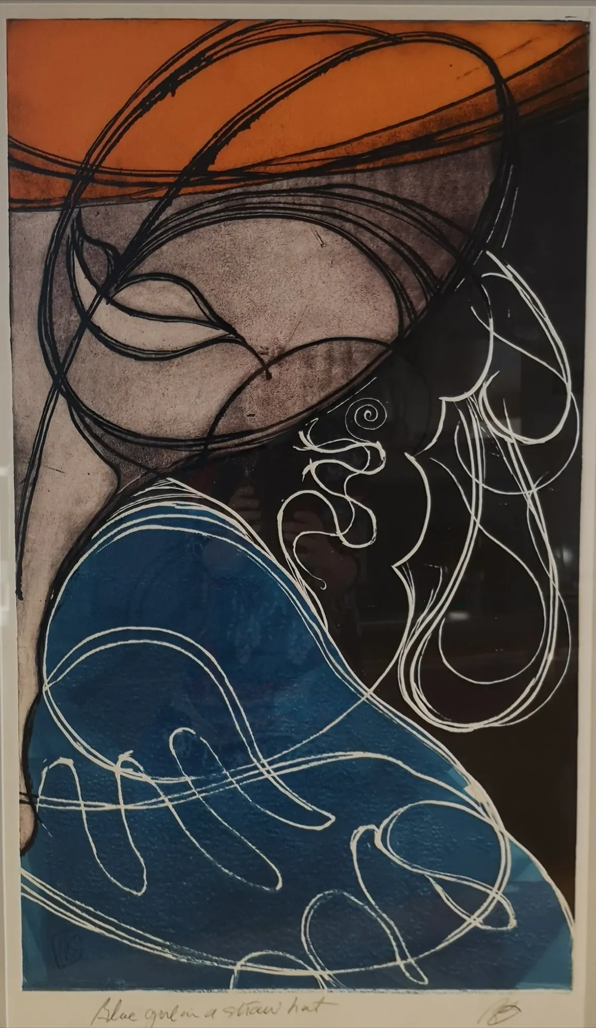Blue Girl with Straw Hat, an etching by Bruce Thomson, a head turned away under an orange-brimmed hat above a blue shoulder