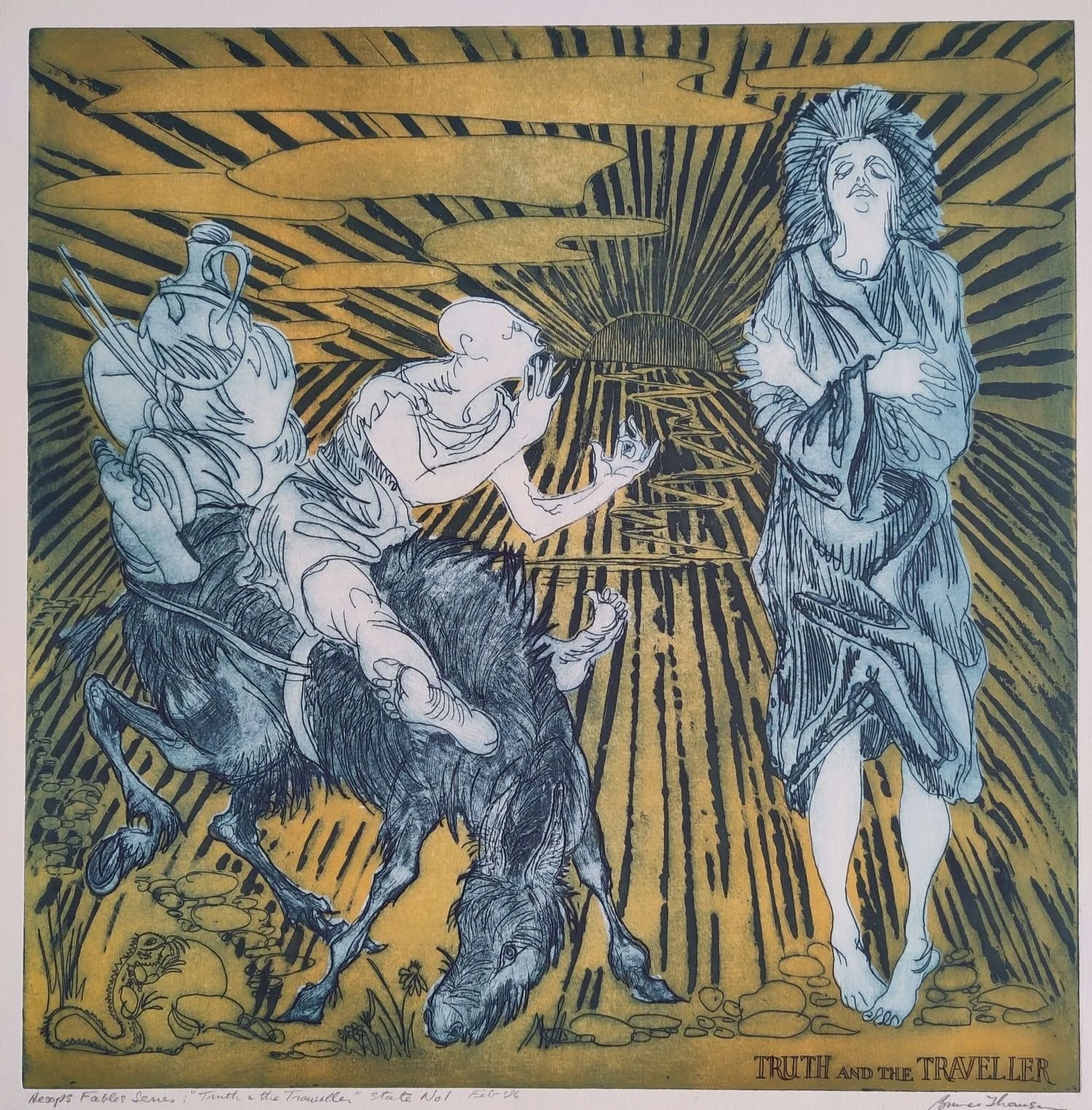 Truth and the Traveller, an Aesop's fables etching by Bruce Thomson