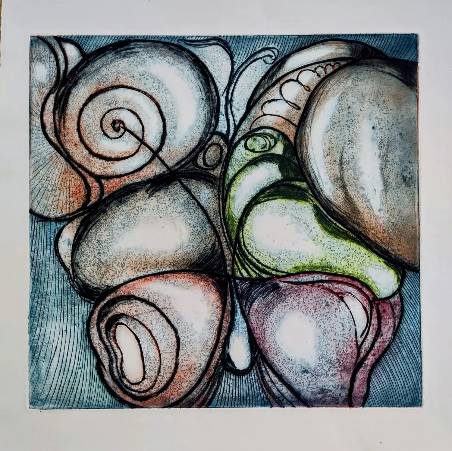 Butterfly, an etching by Bruce Thomson, shell and spiral forms arranged into wings against a hatched blue ground