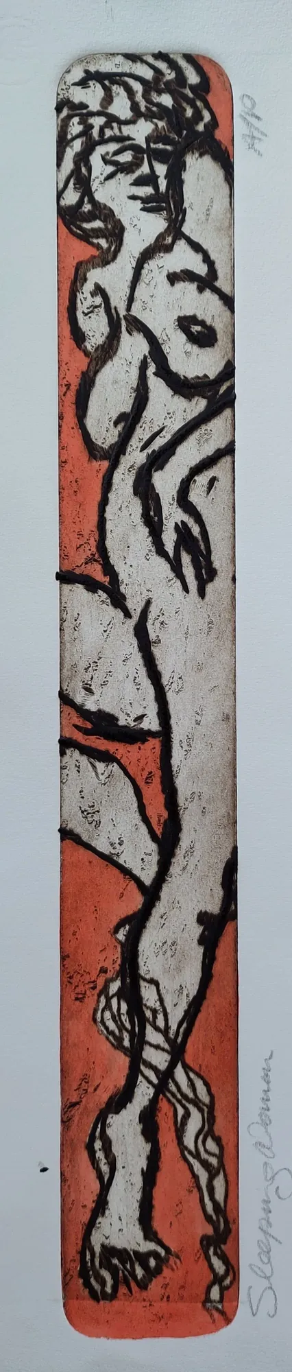 Sleeping Woman, an etching by Bruce Thomson, a figure lying asleep in black line on a narrow red-orange plate