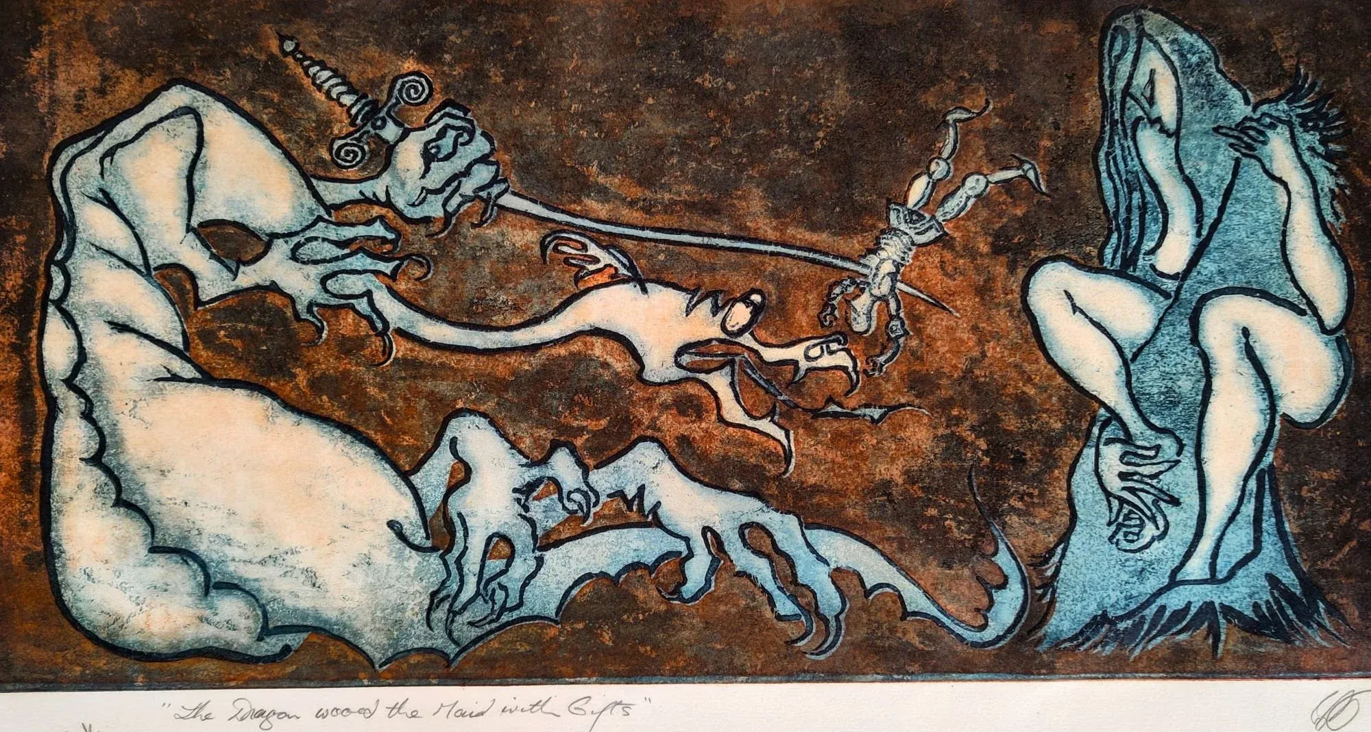 The Dragon Wooed the Maid with Gifts, an etching by Bruce Thomson of a dragon offering a gift to a young woman on a rust and blue ground