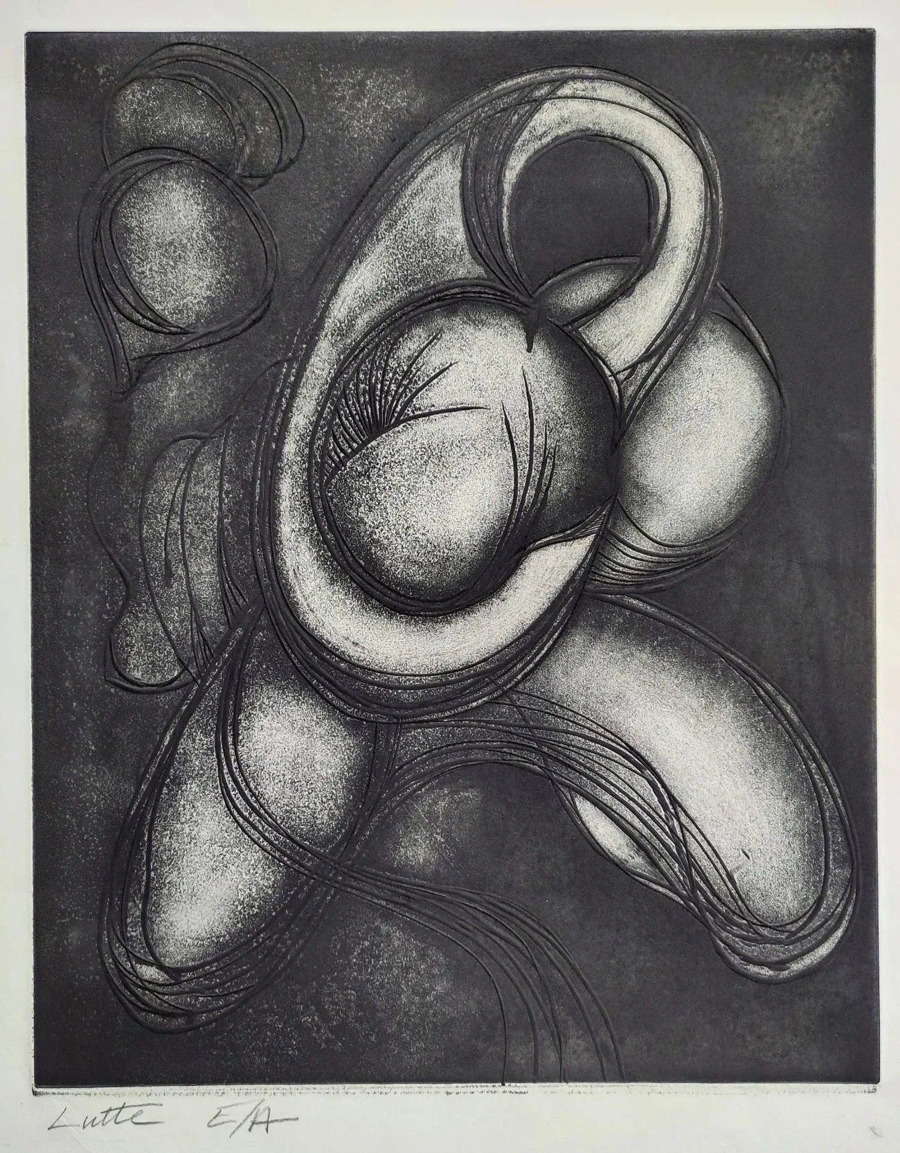 Lutte, an etching by Bruce Thomson printed in black, two bodies locked together and abstracted into looping pale forms