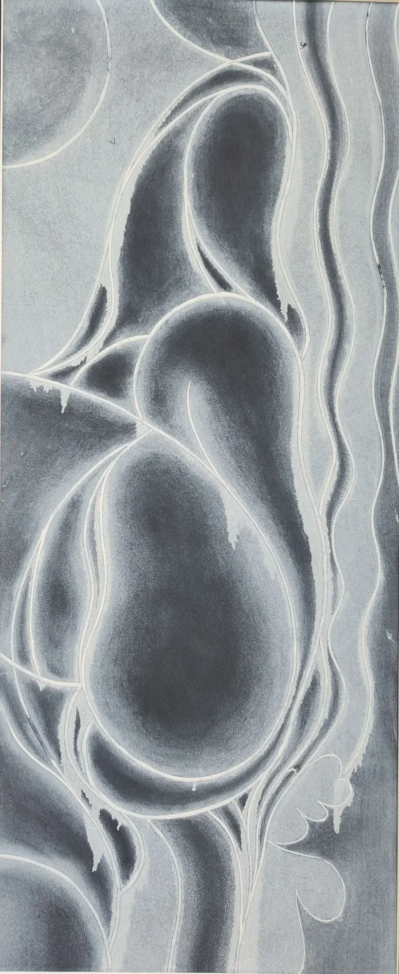 Seed Pods, a luminous grey etching by Bruce Thomson of smooth ovoid pod forms traced by glowing white contour lines