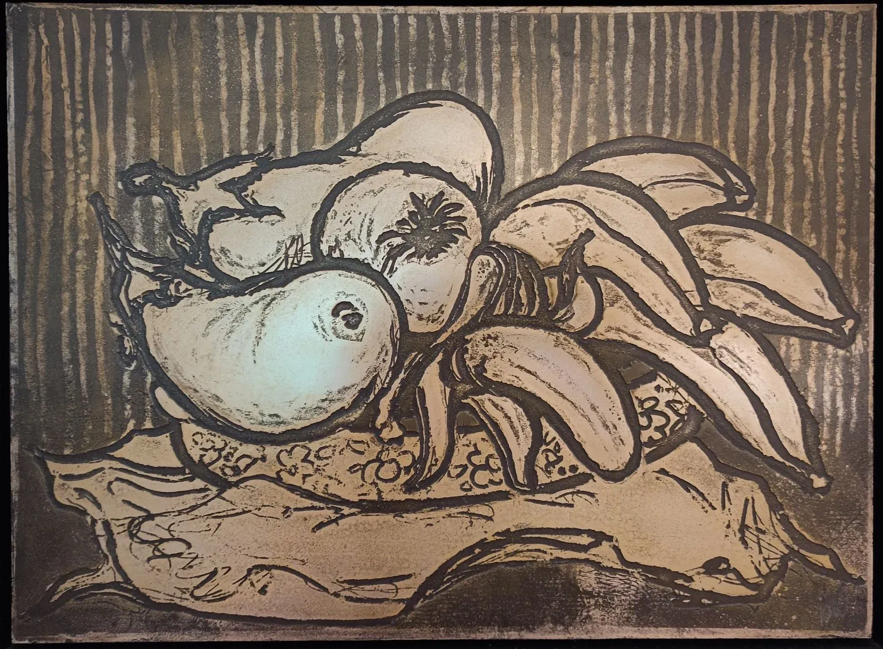 Still Life with Aubergines, an etching plate by Bruce Thomson of fruit and vegetables piled on a cloth in heavy black outline