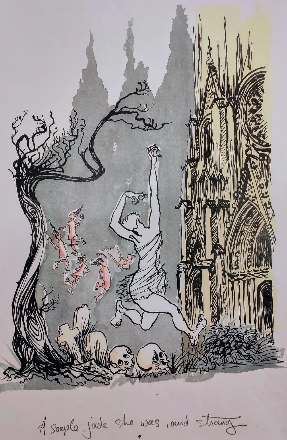 A Souple Jade — Bruce Thomson's Tam o' Shanter illustration: Tam watches Nannie, the witch in a short cutty sark, lead a wild dance at the Kirk of Alloway