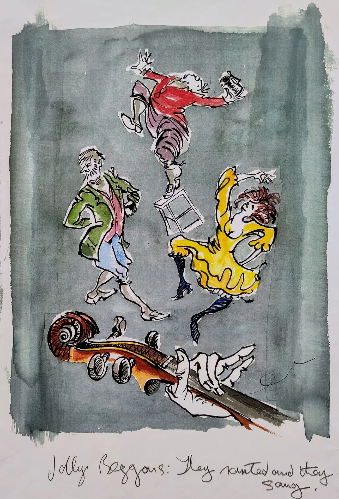 They Danced and They Sang, an illustration by Bruce Thomson of three beggars dancing above the neck of a fiddle
