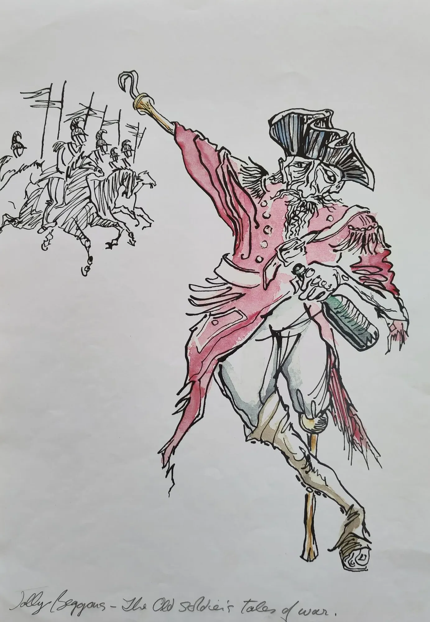 The Old Soldier's Tales of War, an illustration by Bruce Thomson of a one-legged soldier raising a bugle with cavalry behind him