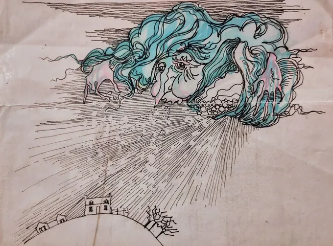 Snowstorm on the Family Home, an illustration by Bruce Thomson of a face in the clouds blowing snow down onto a house on a hill