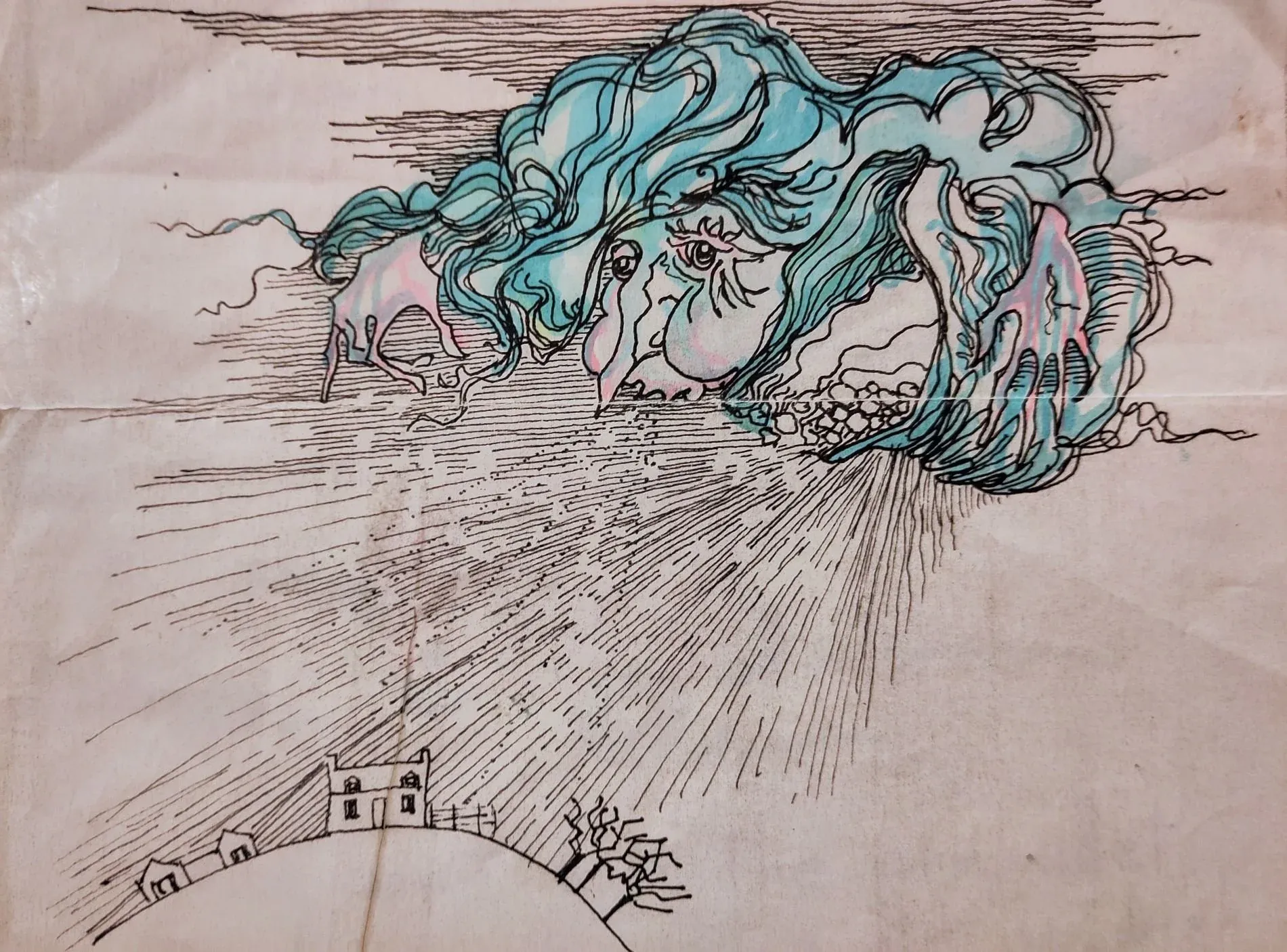 Snowstorm on the Family Home, Bruce Thomson's drawing of winter over the family house in Scotland, from an illustrated letter home