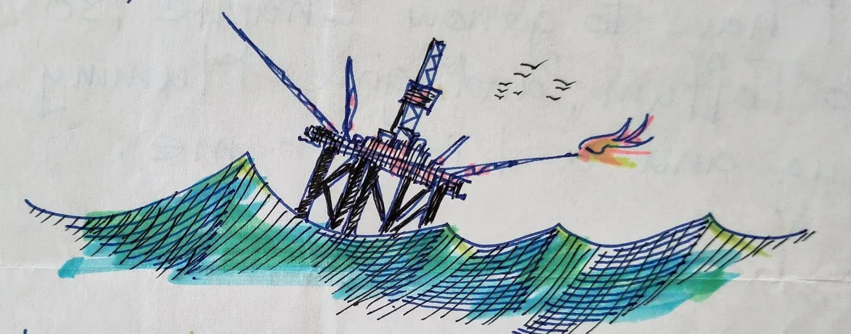 The Floating Rig, Bruce Thomson's biro and highlighter drawing of the Buchan Alpha platform in heavy North Sea weather, from an illustrated letter home