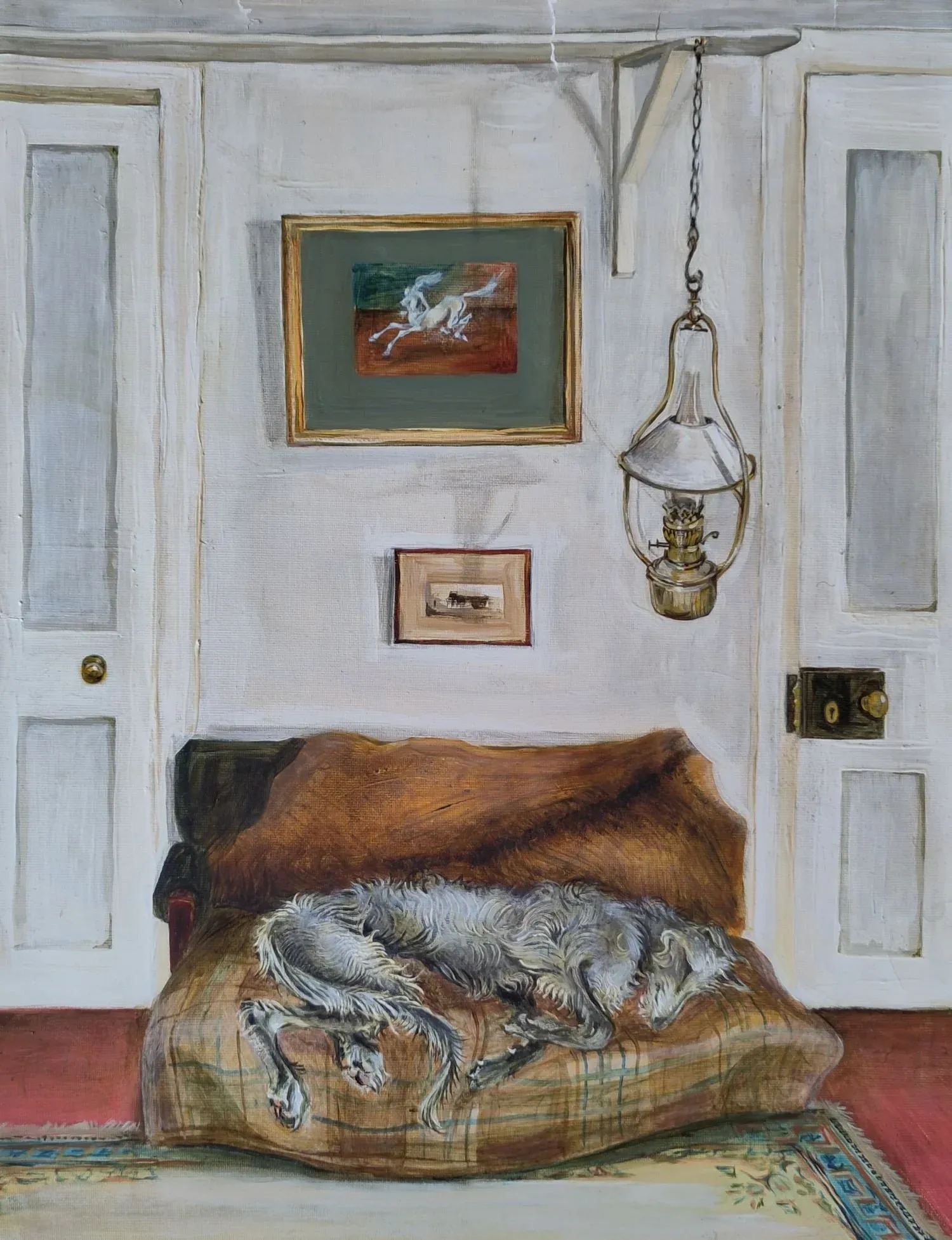 Deerhound on Sofa, an oil painting by Bruce Thomson of a deerhound asleep on a rug-covered sofa beneath a hanging oil lamp