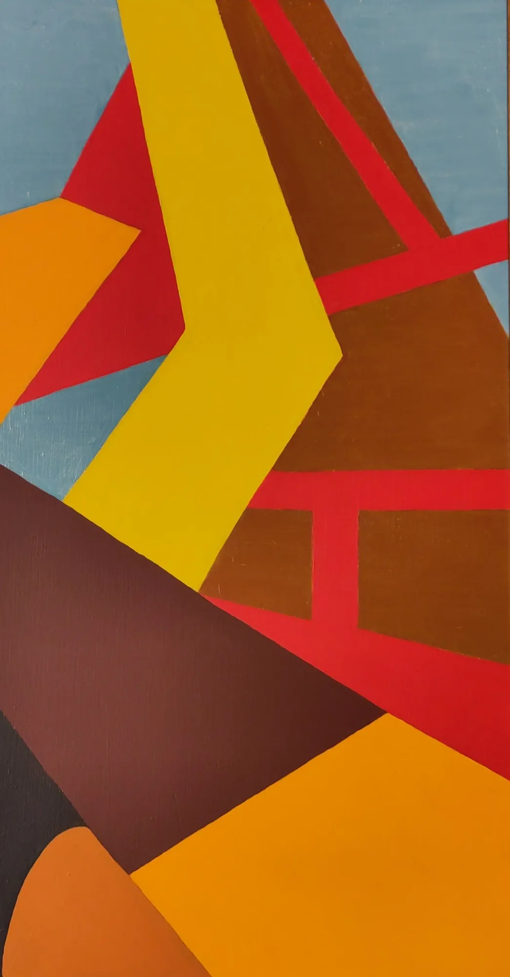 Derrick, a hard-edged abstract oil painting by Bruce Thomson, flat planes crossed by a framework of red girders